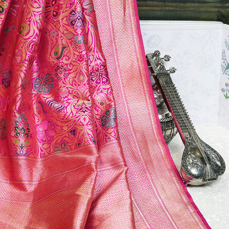 Shop Pink Pure Zari Banarasi Silk Saree Online