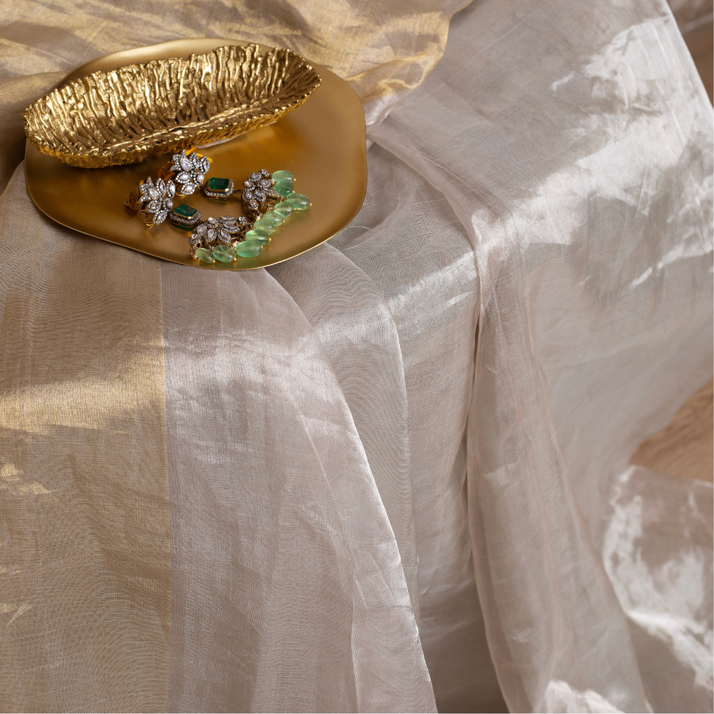 Antique Gold and White Chanderi Tissue Saree