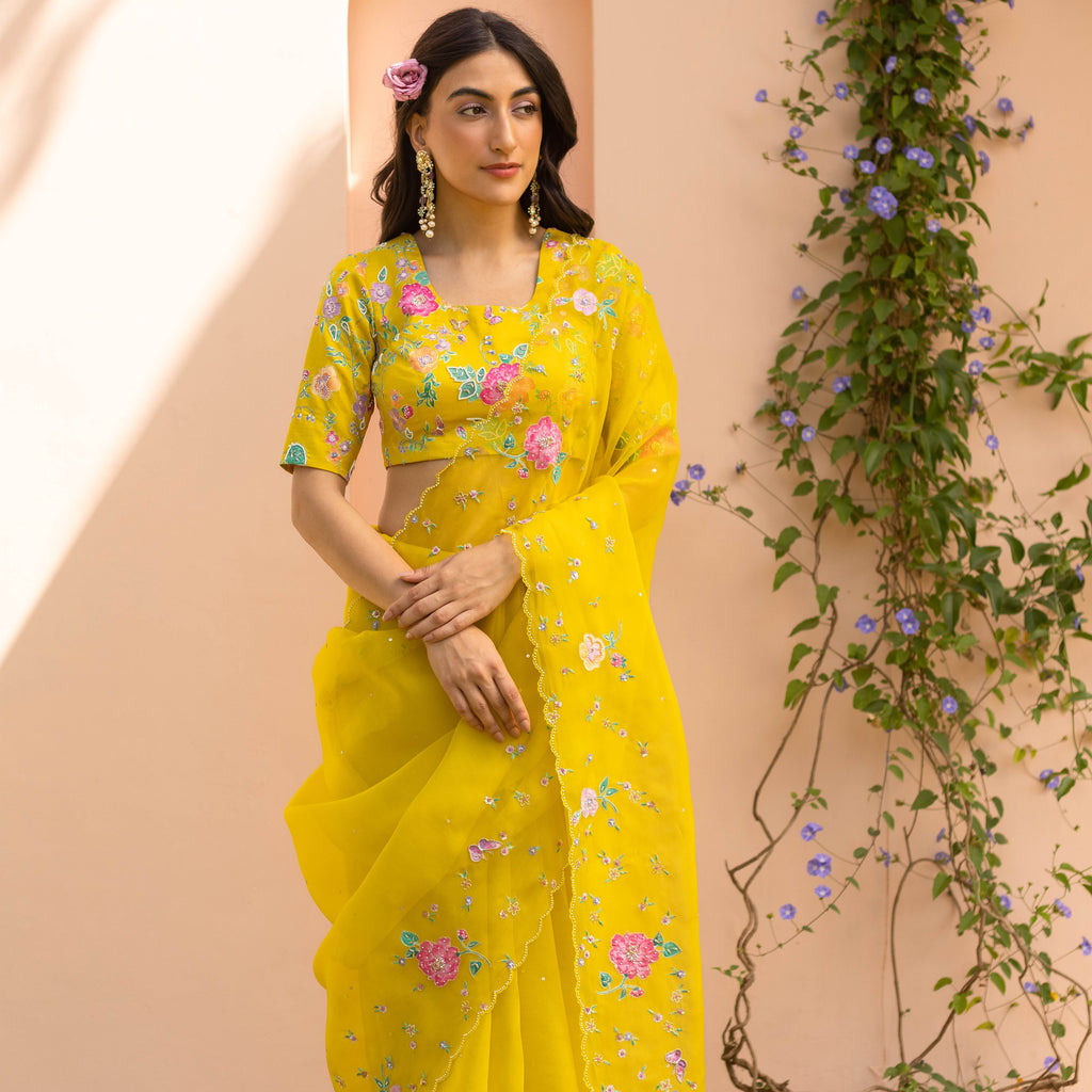 Buy Mustard Yellow Banarasi Uppada Silk Saree with Unstitched Blouse online