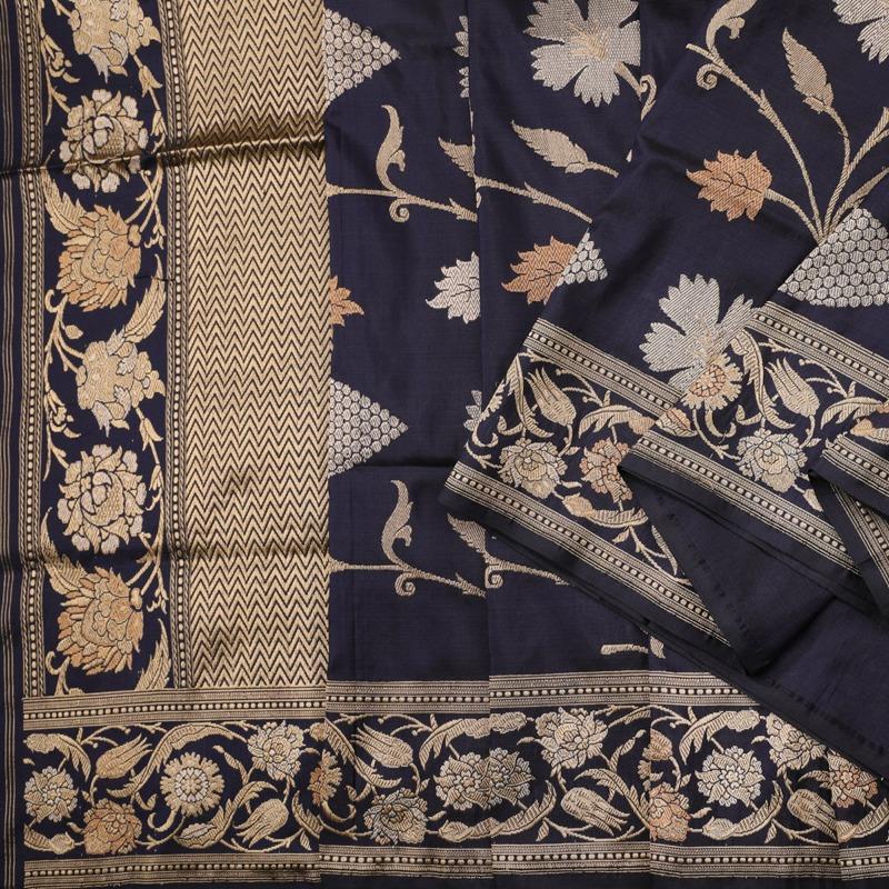 Handwoven Indigo Banarasi Silk Sari - WIIBT0100 - Cover View