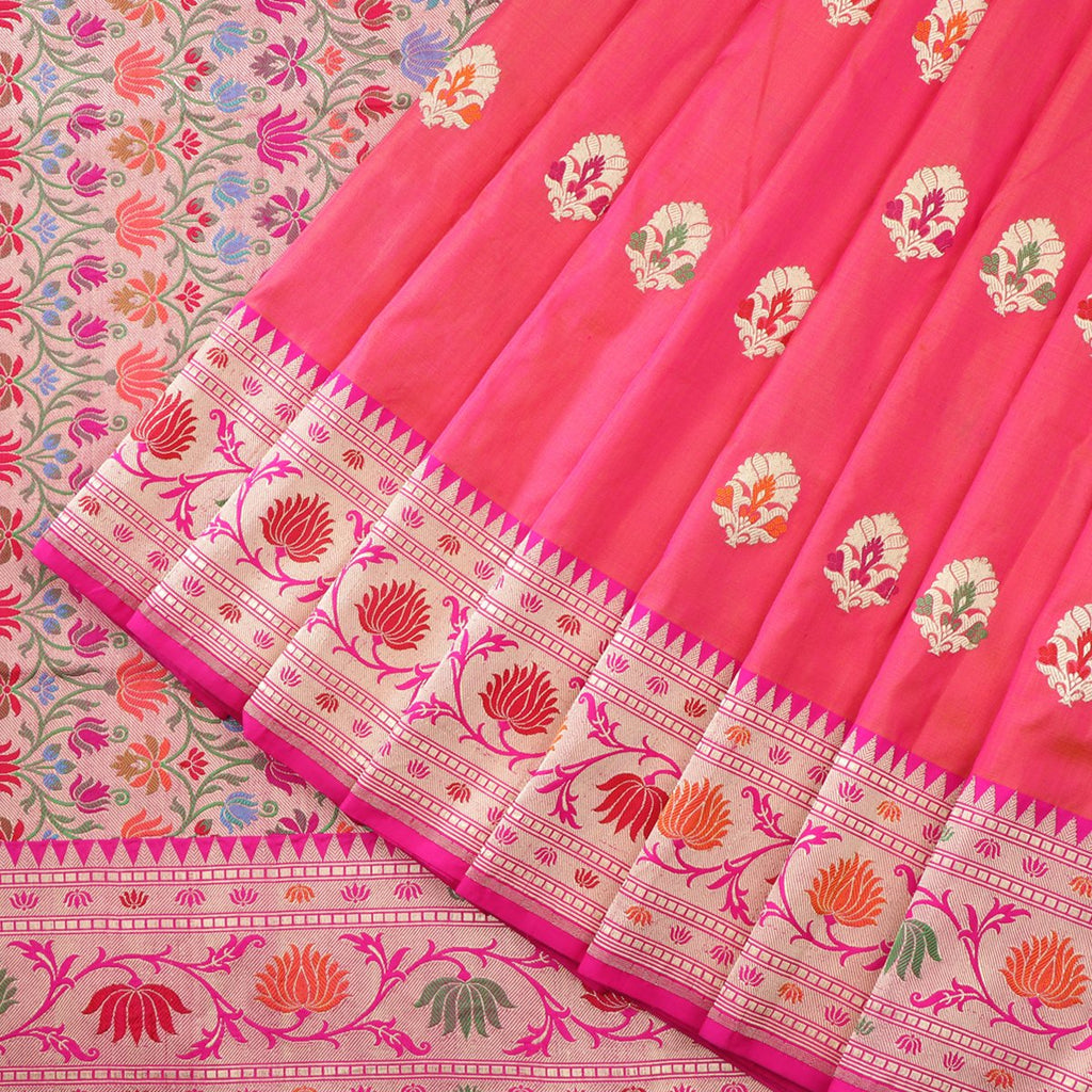 Handwoven Bright Pink Banarasi Silk Sari - WIIBT0051 - Cover View