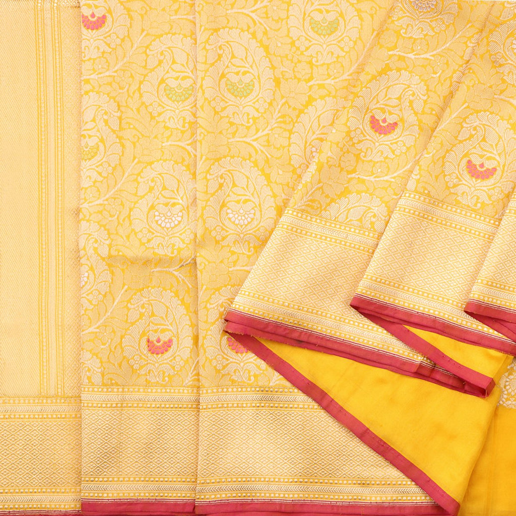 Handwoven Sunshine Yellow Banarasi Silk Sari - WIIRJ101 - Cover View