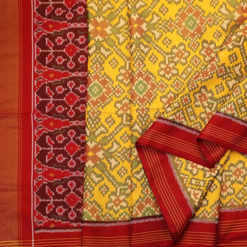 Handwoven Sunshine Yellow Rajkot Single lkat Patola Silk Sari - WIIPATANARIDNAM921118 - Cover View