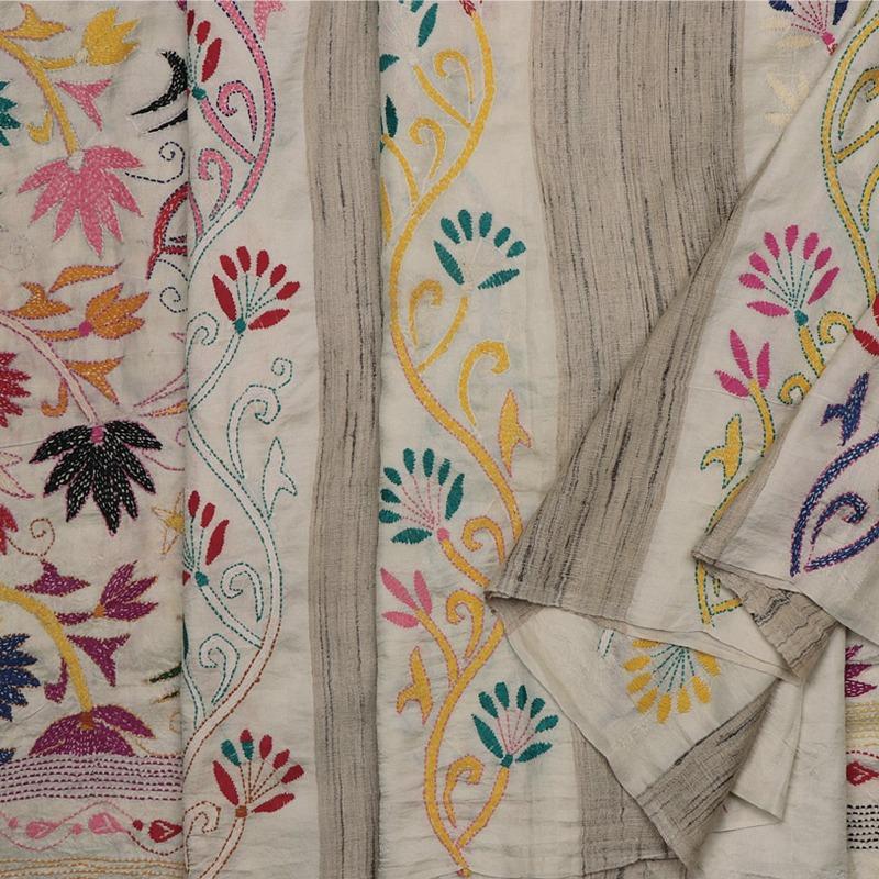 Handwoven Bengal Cotton Sari with Kantha Embroidery - WIIARIDNAMSS114 - Cover View