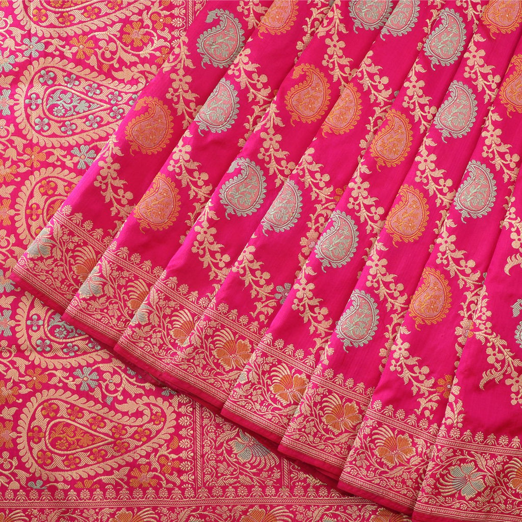 Handwoven Candy Pink Keriya Banarasi Silk Sari - WIIBT0094 - Cover View