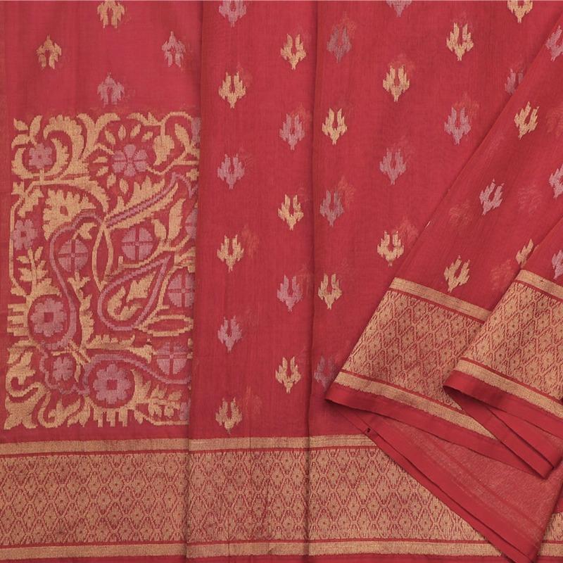 Handwoven Banarasi Cherry Red Silk Cotton Sari - WIIRJ0153 - Cover View