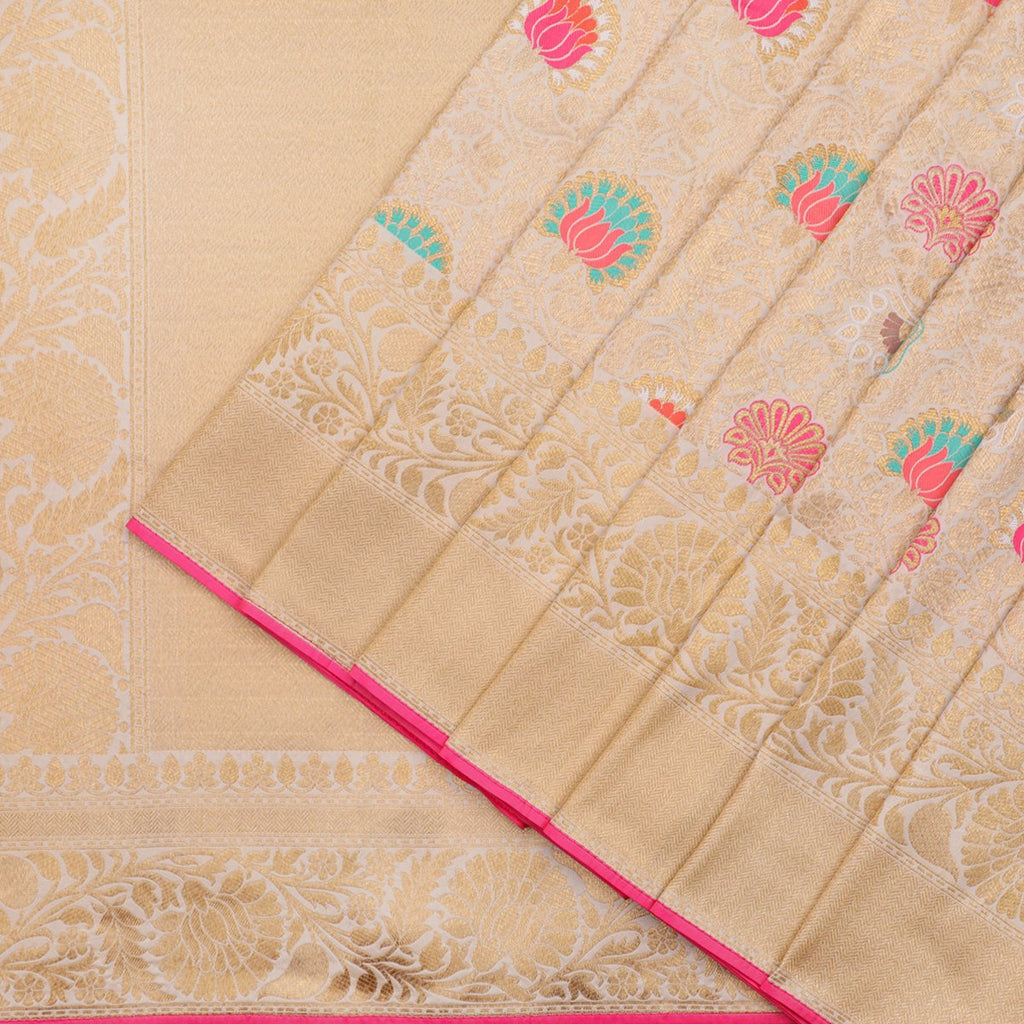 Cream Banarasi Silk Saree - WeaveinIndia