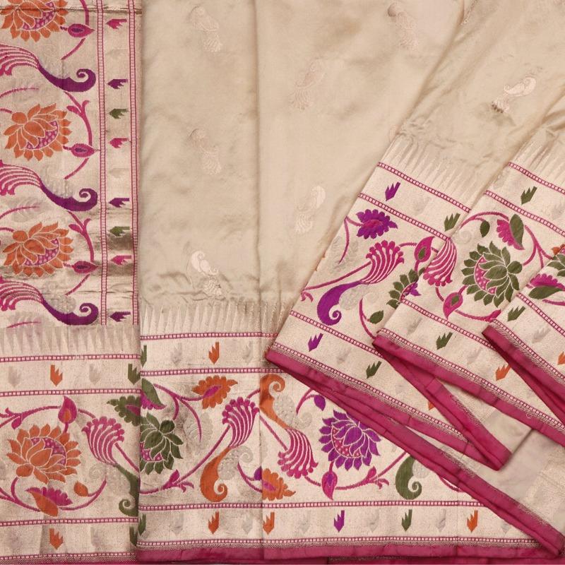 Handwoven Ecru Banarasi Paithani Floral Foliate Silk Sari - WIIRJ990002 - Cover View