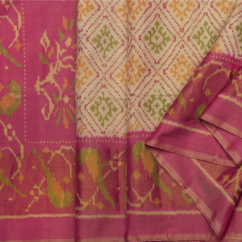 Handwoven Ecru Single Ikat Patola Silk Sari - WIIPATANARIDNAM1101118 - Cover View