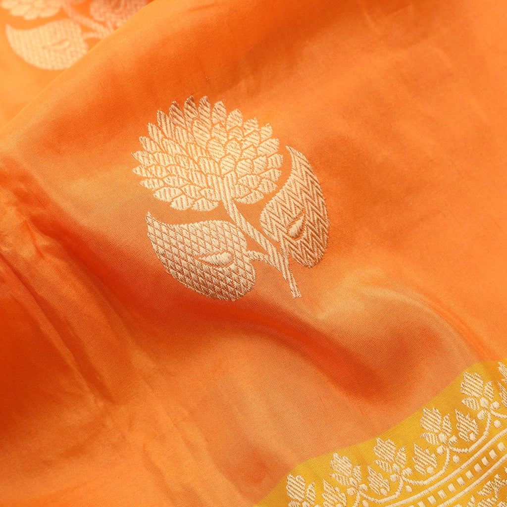 Handwoven Carrot Orange Banarasi  Katan Tissue Silk Sari - WIIBT0083 - Fabric View