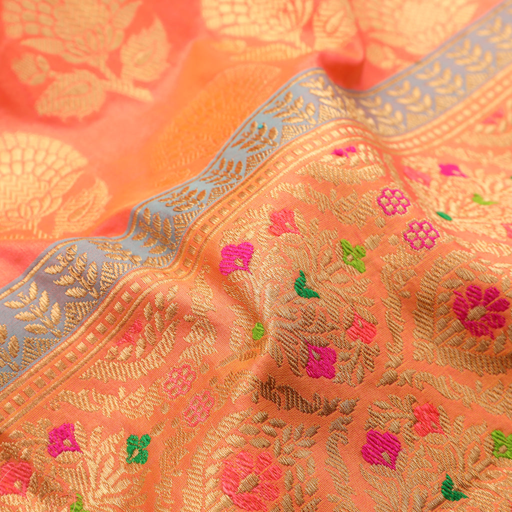 Handwoven Banarasi Peach Silk Sari - WIIRJ993036 - WeaveinIndia, Sari - Sari, WeaveinIndia - WeaveinIndia 