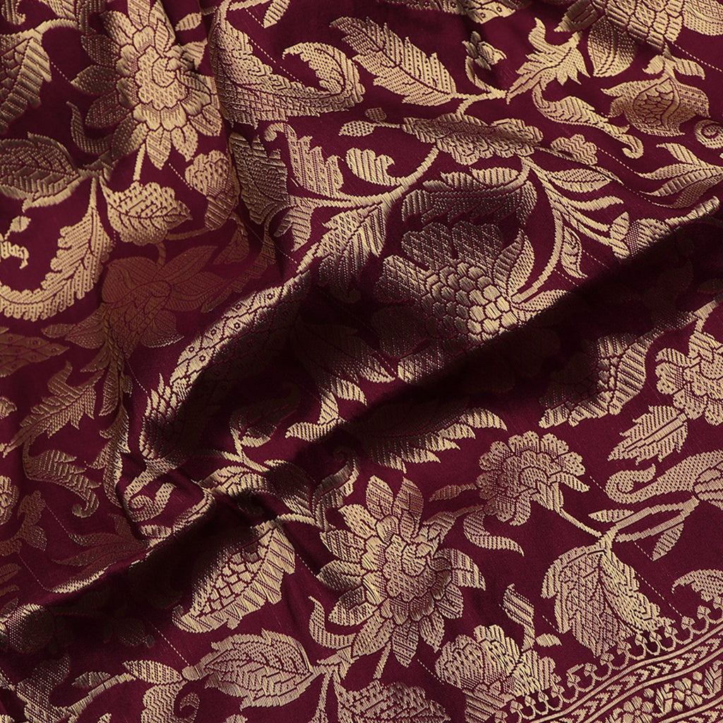 Handwoven Burgundy Banarasi Silk Sari - WIIKBDA0005 - Fabric View