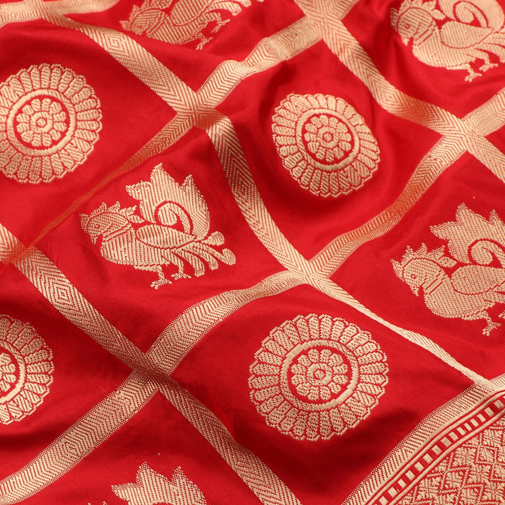 Handwoven Cherry Red Banarasi Katan Silk Sari - WIIKBDA0014 - Fabric View