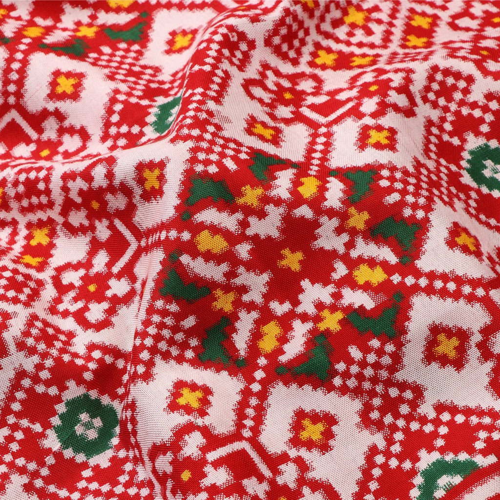 Handwoven Chilli Red Navaratna Patan Patola Ikat Sari - WIITNKP003 - Fabric View