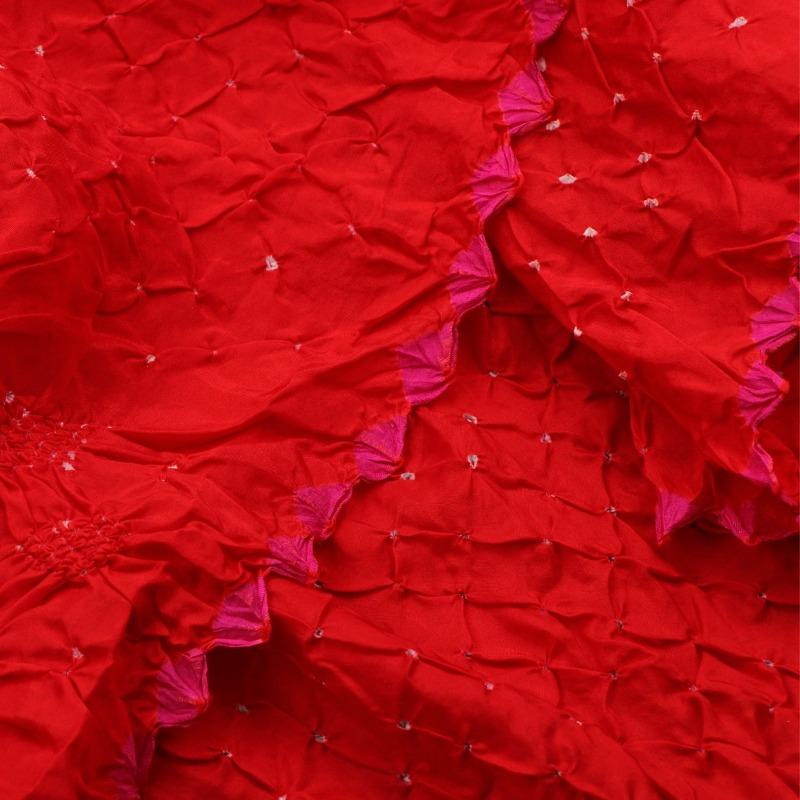 Handwoven Chilli Red Bandhini Habutai Silk Sari - PREBDN004 - Fabric View