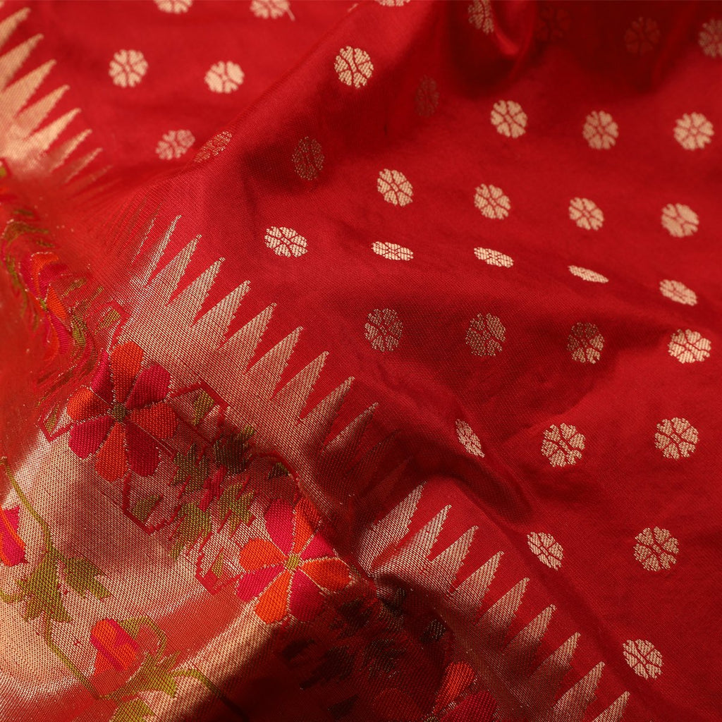 Handwoven Chilli Red Paithani Silk Sari - WIISDT1612 001 - Fabric View