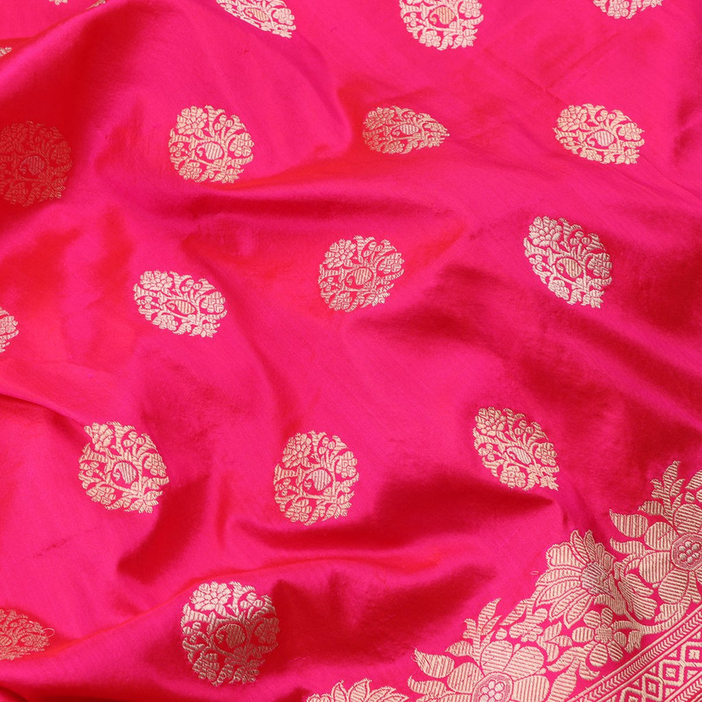 Handwoven Rani Pink Banarsai Silk Sari - WIIBT0044 - Fabric View