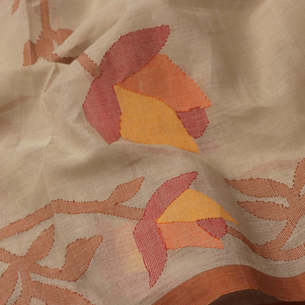 Handwoven Bengal Jamdani Ecru Cotton Sari - WIIARIDNAM057 - Fabric View