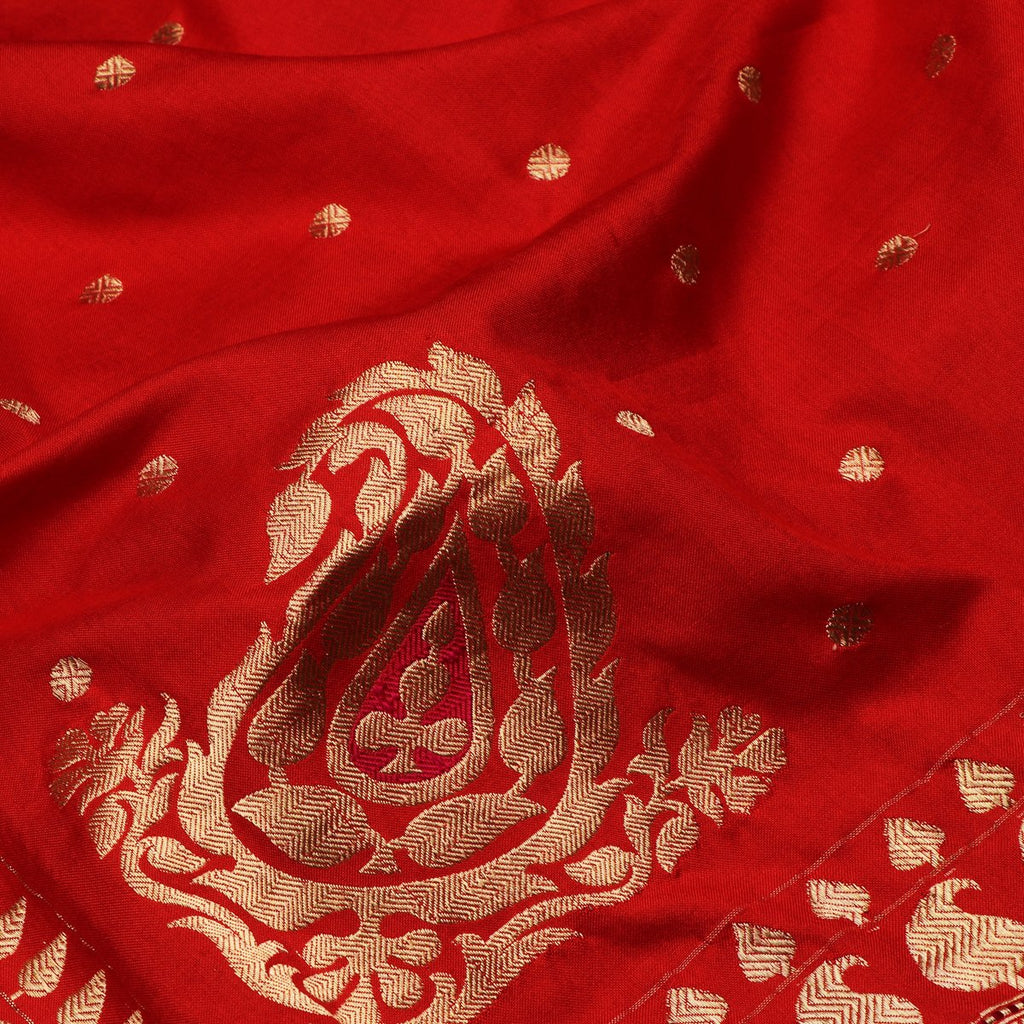 Handwoven Cherry Red Banarasi Cotton Silk Sari - WIIBT0020 - Fabric View