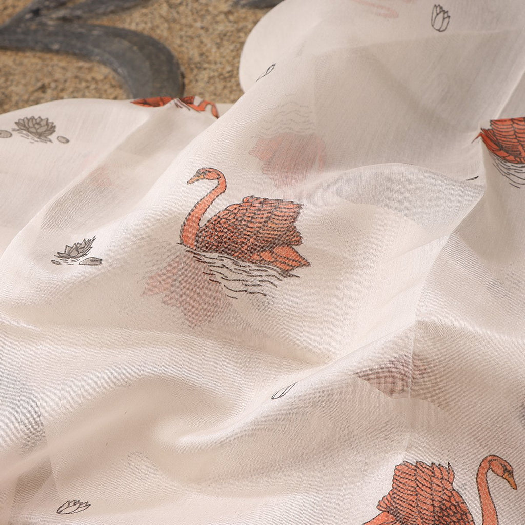 Handwoven Ecru Swan Print Silk Cotton Chanderi Dupatta - WIIAPRI CPRD 06 - Fabric View
