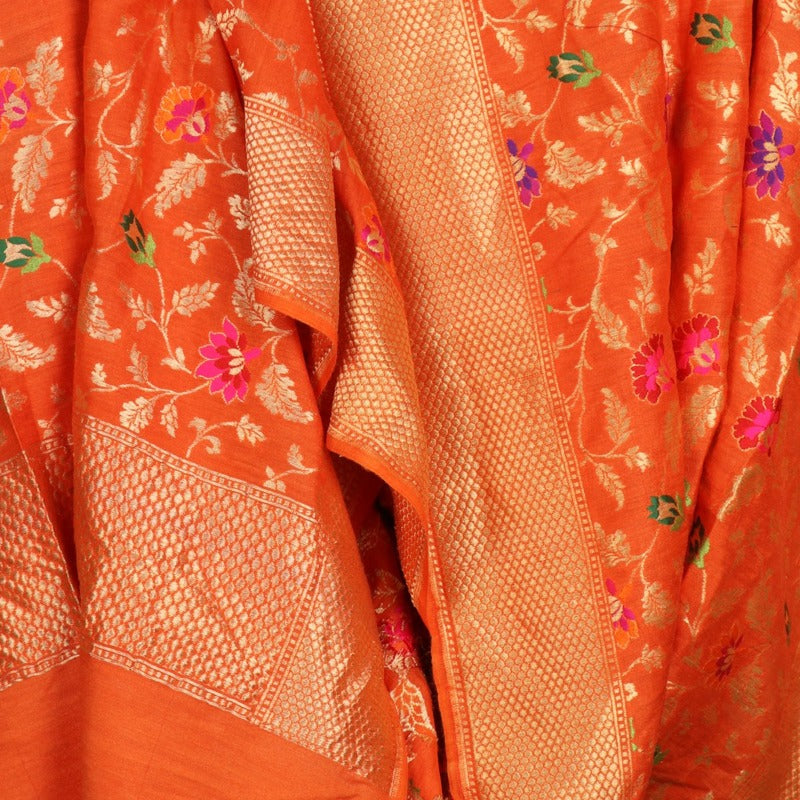 Handwoven Orange Katan Silk Meenakari Banarasi Dupatta - WIIRJ0186 - Design View