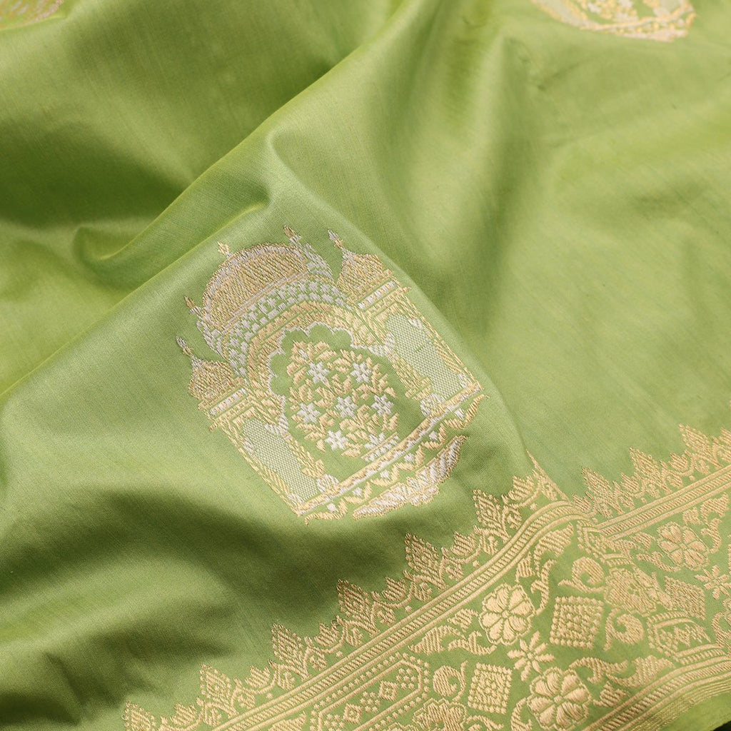 Handwoven Pear Green Banarasi Katan Silk Sari - WIIBT0090 - Fabric View