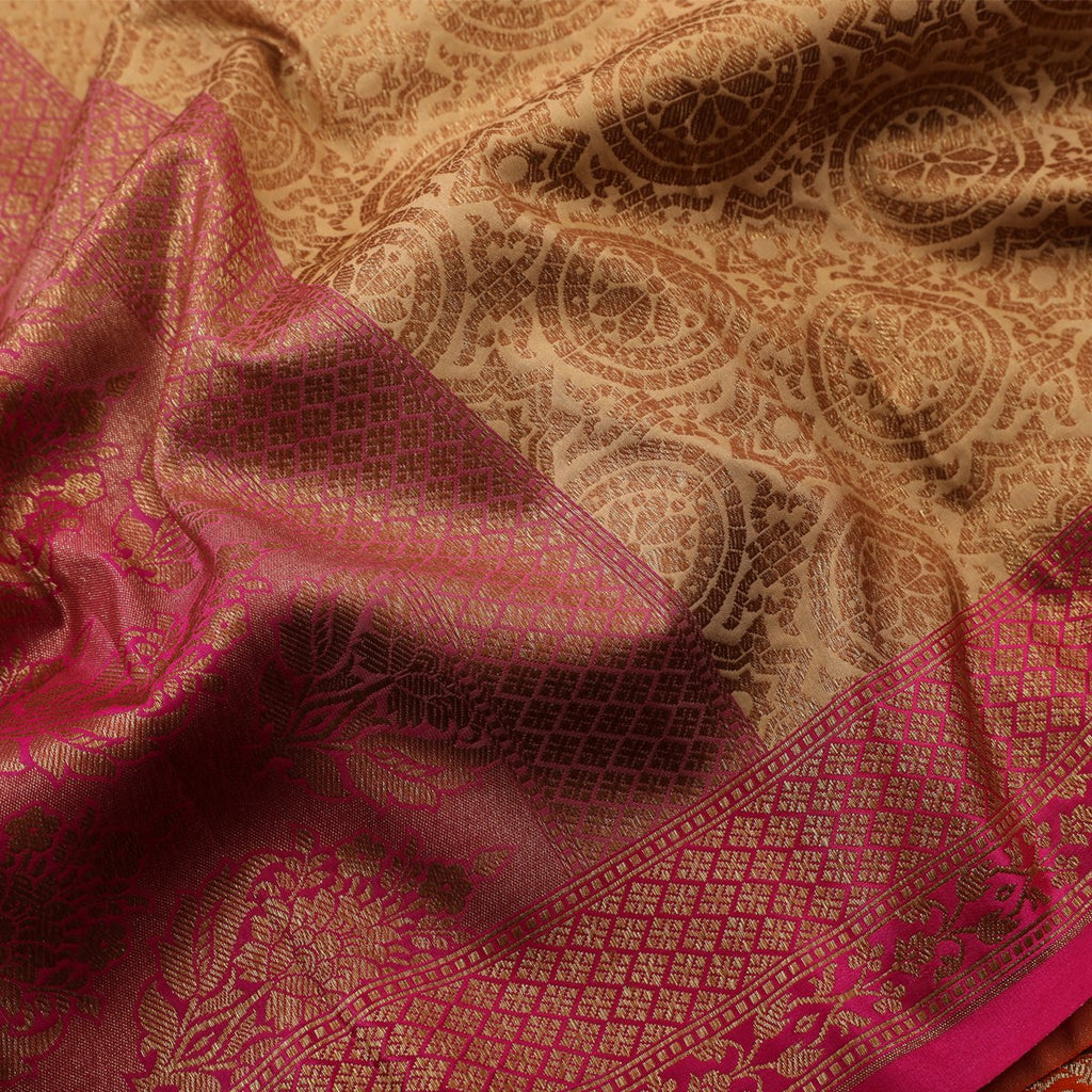 Handwoven Ecru and Pink Banarasi Silk Sari - WIISHNIKARIDNAM030 - Fabric View 2