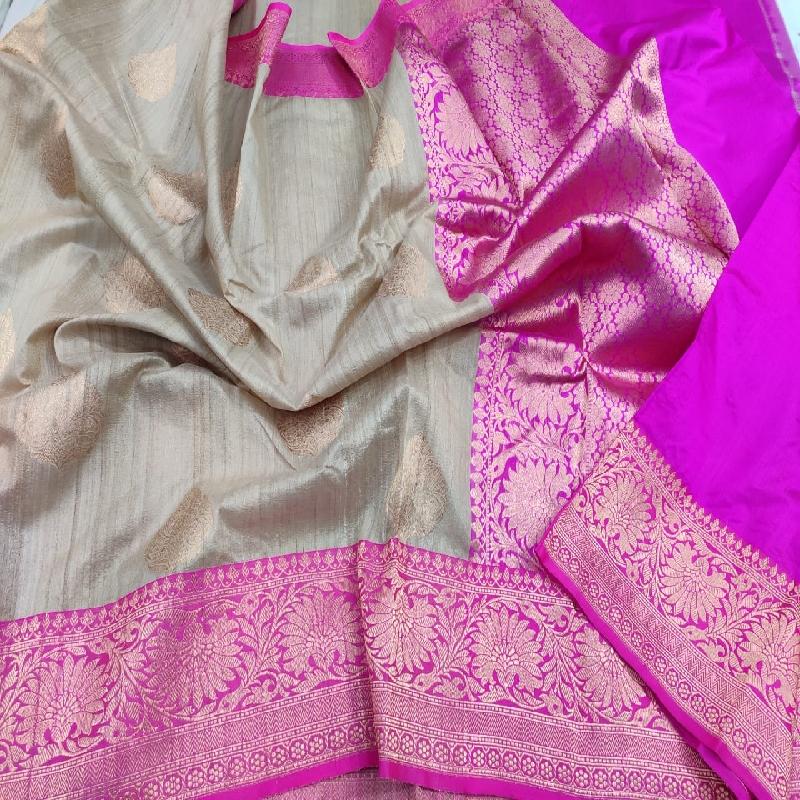 Ecru Tussar Silk Saree - WeaveinIndia