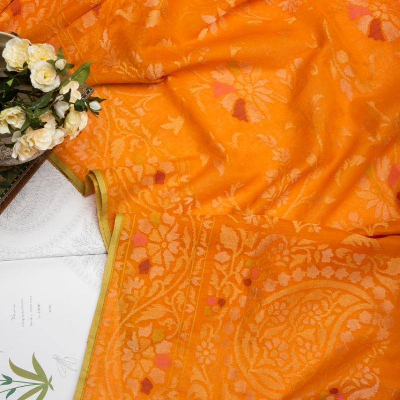 Sunset Orange Silk Cotton Jamdani Saree