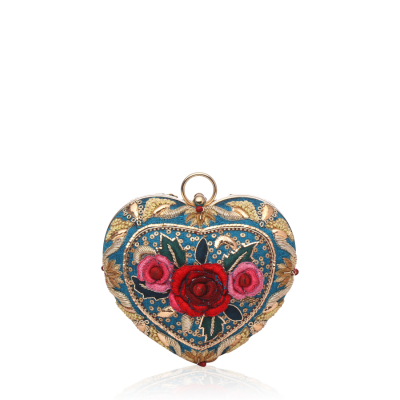 ISA MULTI ROSE EMBROIDERED HEART CLUTCH