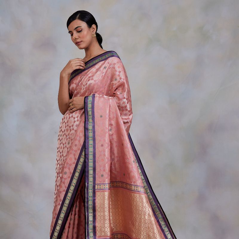Gule Ashrafi - Pale pink Banarasi Saree with Pink Border