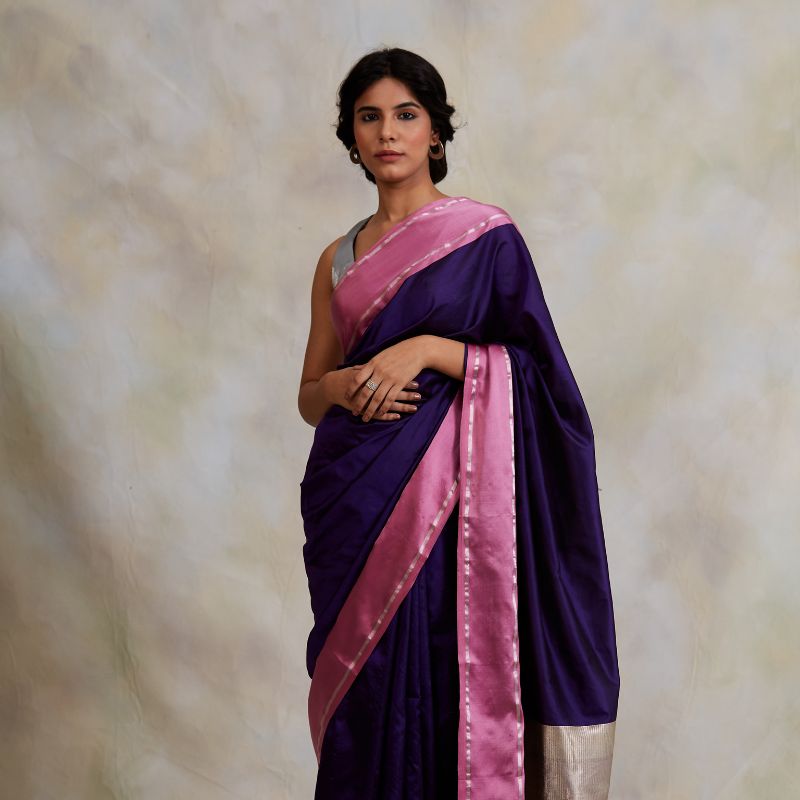 Kalpi (Purple) - Purple Banarasi Saree with Pink Border